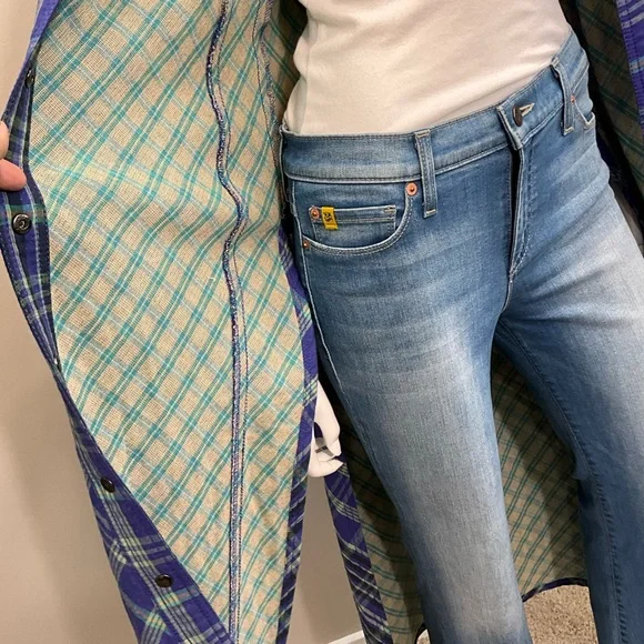 FREE PEOPLE We The Free Ruth Long Plaid Shirt Dress Cobalt Combo Maxi Size 2 - Picture 7 of 8